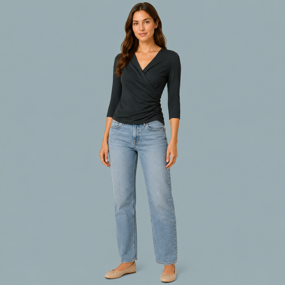 Peruvian Connection Size Medium M Black Solid Ruched Wrap V-Neck Pima Cotton Top